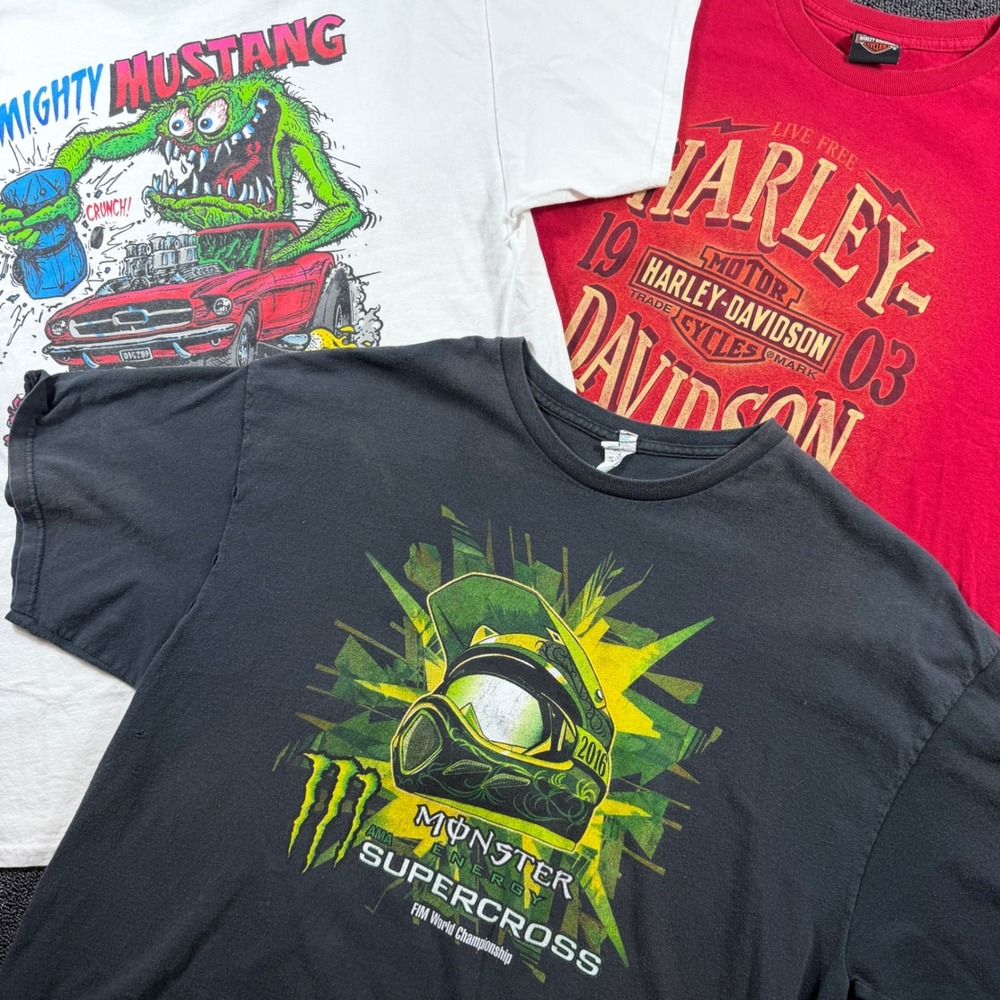 Harley Davidson Bundle of 3 Men's 2XL T-shirt Monster Energy Rat Fink Moto Biker